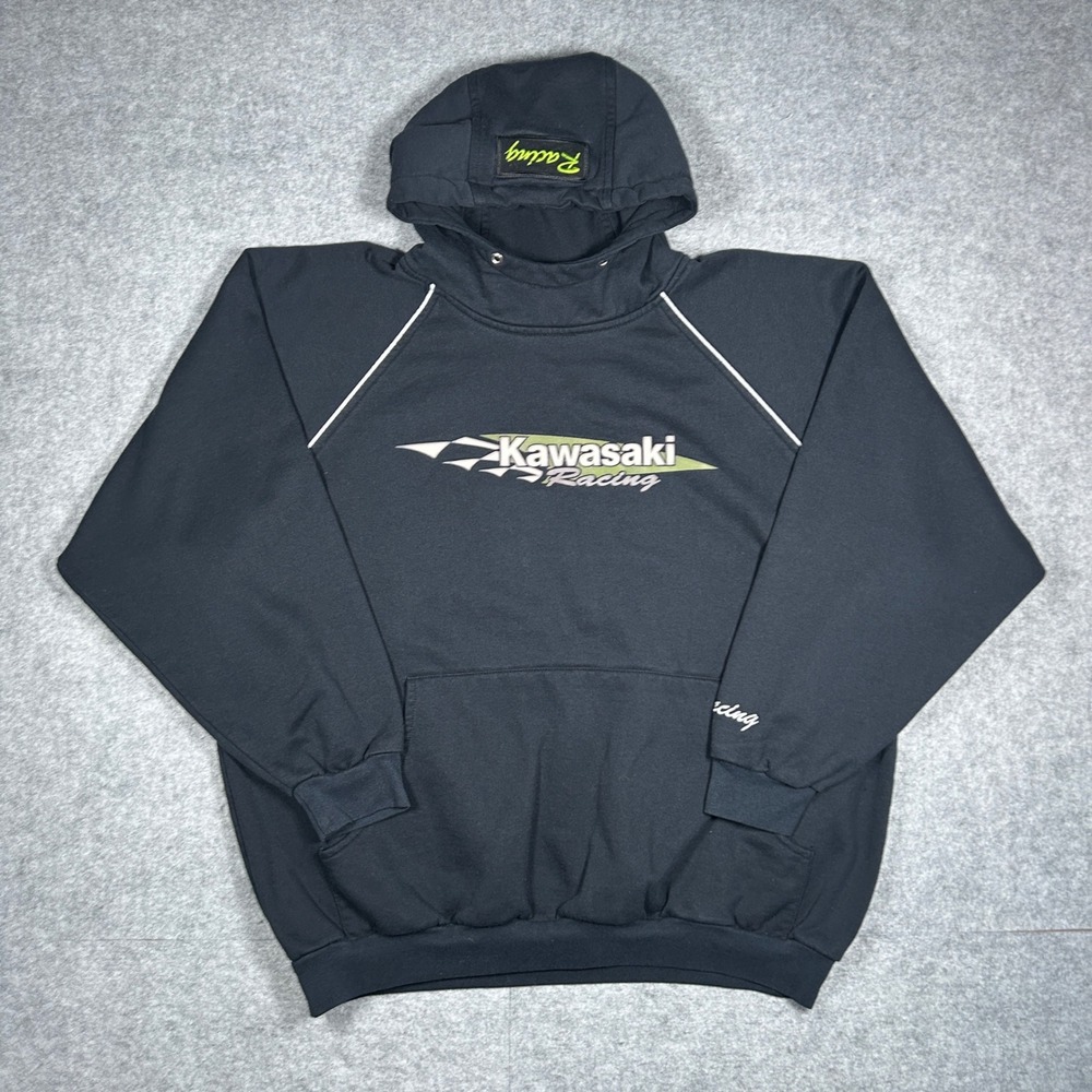 Vintage Kawasaki Racing Hoodie Men XL Black Pullover Motocross Biker Graphic 90s